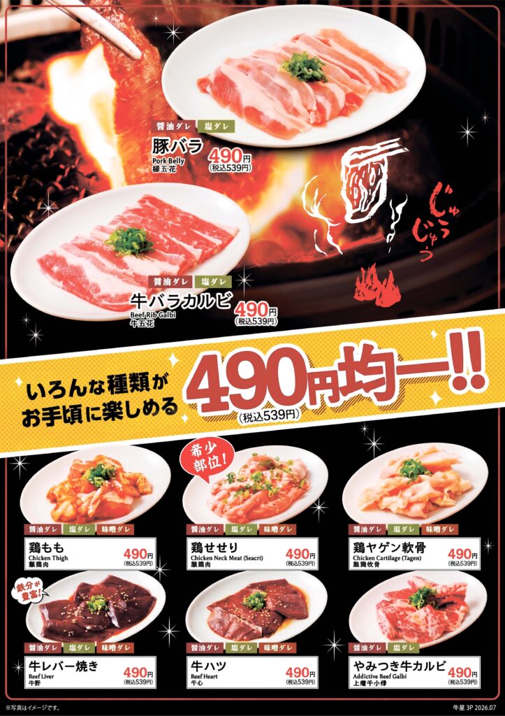 【490円(税込539円)均一】
豚バラ
牛バラカルビ
鶏もも
鶏せせり
鶏ヤゲン軟骨
牛レバー焼き
牛ハツ
やみつき牛カルビ